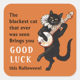 Sticker Carré Troubadour chat noir Bonne chance Halloween CC1163