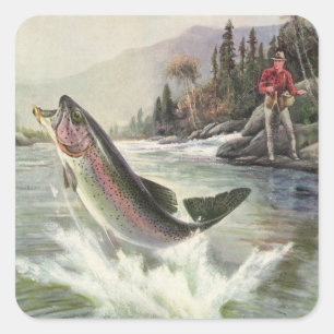 Sticker Carré Truite arc-en-ciel, pêcheur de poissons vintage pê
