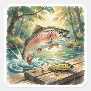 Sticker Carré Truite arc-en-ciel sautant dans un ruisseau de for