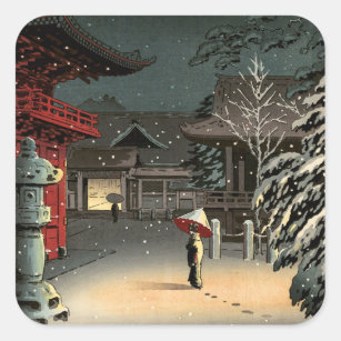 Sticker Carré Tsuchiya Koitsu - Neige au temple de Nezu