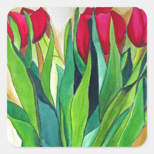 Sticker Carré tulipe rose et rouge aquarelle art