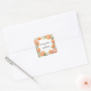 Sticker Carré Tulipes aquarelles orange bordure couple mariage