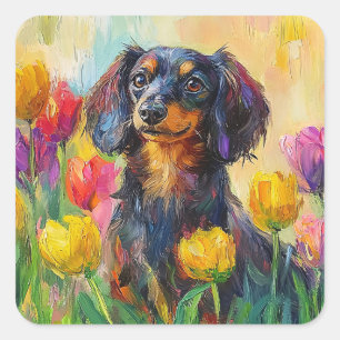 Sticker Carré Tulipes colorées Dachshund mignonne Peinture
