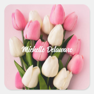 Sticker Carré Tulipes Nom Personnalisé sur Fond Rose