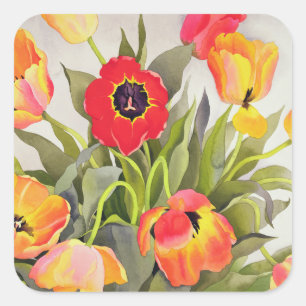 Sticker Carré Tulipes orange et rouge