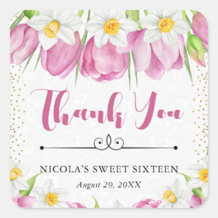 Sticker Carré Tulipes roses d'aquarelle et Sweet sixteen de jonq