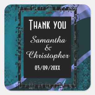 Sticker Carré Turquoise aqua damask et noire merci