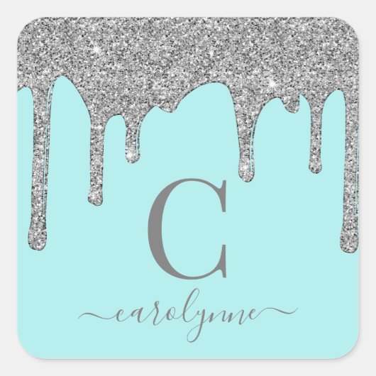 Sticker Carré Turquoise Aqua Silver Éperche Parties scintillant (Devant)