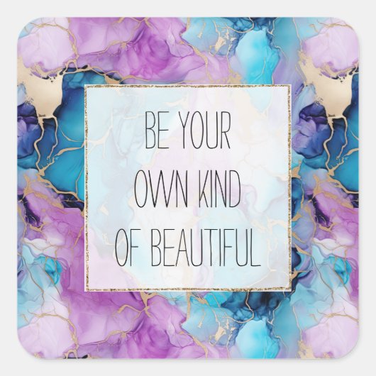 Sticker Carré Turquoise Aqua violet marbre or (Devant)