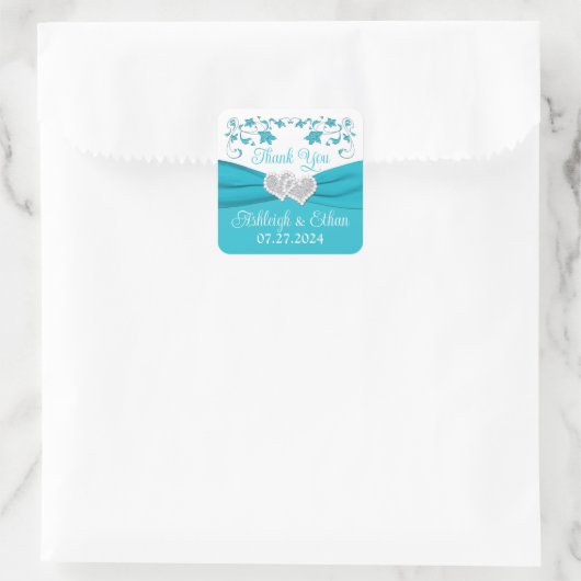 Sticker Carré Turquoise, Argent Coeurs Amour Mariage Faveur (Sac)