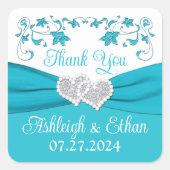 Sticker Carré Turquoise, Argent Coeurs Amour Mariage Faveur (Devant)