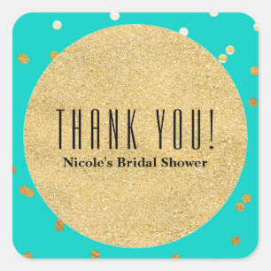 Sticker Carré Turquoise Bleu & Or Pailleté Confetti Points Moder