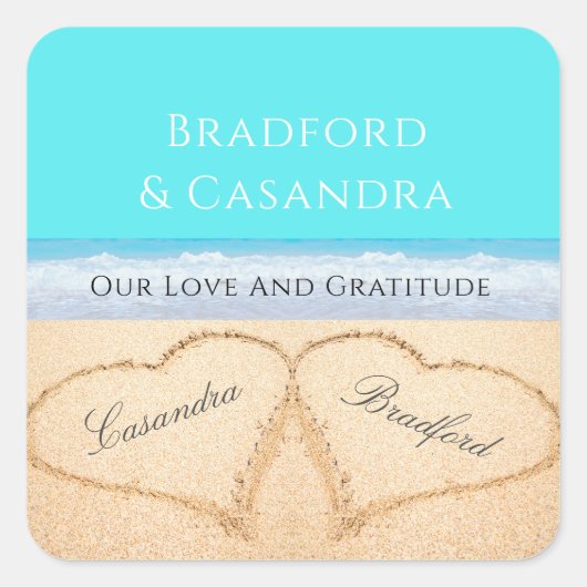 Sticker Carré Turquoise Blue Beach Mariage 2 Coeurs dans le sabl (Devant)
