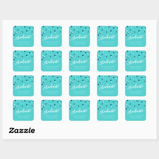 Sticker Carré Turquoise Blue Confetti Graduate Adresse de retour (Feuille)