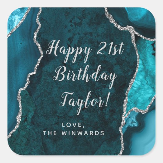 Sticker Carré Turquoise Blue et Silver Agate Joyeux anniversaire (Devant)