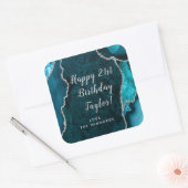 Sticker Carré Turquoise Blue et Silver Agate Joyeux anniversaire (Enveloppe)