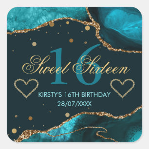 Sticker Carré Turquoise & Faux Or Glitter Agate Sweet 16
