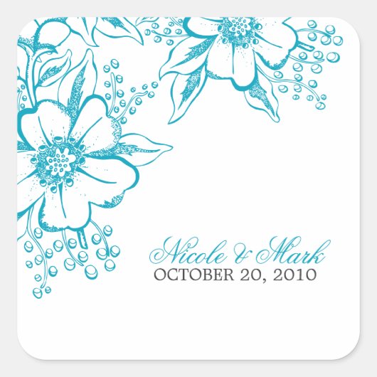 Sticker Carré Turquoise Floral Letterpress Style Mariage (Devant)