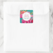 Sticker Carré Turquoise Fuchsia Merci Mariage Floral (Sac)