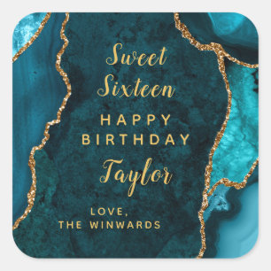 Sticker Carré Turquoise Gold Agate Sweet sixteen Joyeux annivers