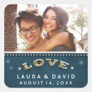 Sticker Carré Turquoise Gold & White Stars Love PHOTO Mariage