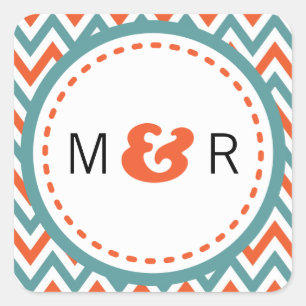Sticker Carré Turquoise moderne & Orange Chevron & Lovebirds Mar