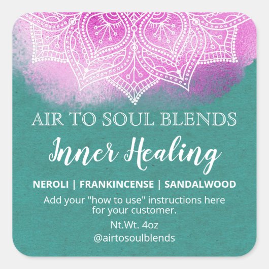 Sticker Carré Turquoise Purple Mandala Inner Healing Blend Étiqu (Devant)