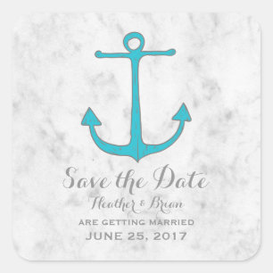 Sticker Carré Turquoise Rustic Ancre Enregistrer la date