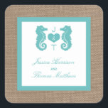 Sticker Carré Turquoise Seahorse Burlap Beach Wedding Collection<br><div class="desc">La collection de mariage de burlap beach, un cheval turquoise, est parfaite pour tout couple qui souhaite se marier romantique en bord de mer. L'arrière - plan rustique effet burlap donne à ces invitations une atmosphère boho-chic, tandis que le turquoise tropical a un coloris frais et cool qui peut être...</div>
