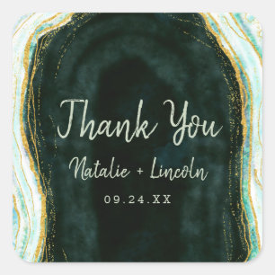 Sticker Carré Turquoise Vert & Or Agate Marbre Mariage Merci