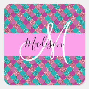 Sticker Carré Turquoise Violet Sirène Paillettes Monogramme