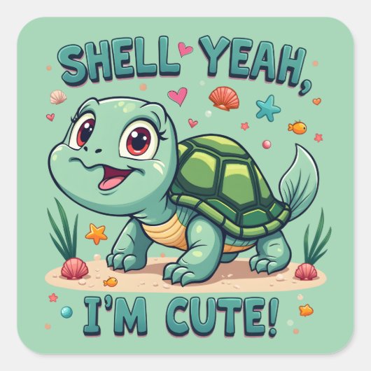 Sticker Carré Turtle Kawaii mignonne avec jeu amusant Océan (Devant)