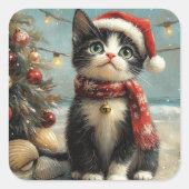 Sticker Carré Tuxedo Cat Christmas Vintage Beach (Devant)