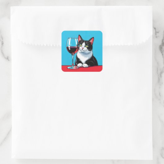 Sticker Carré Tuxedo Cat With Red Wine (Sac)