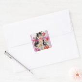 Sticker Carré Tuxedo Chat Cute Rose Fleurs Chats Aquarelle Rose (Enveloppe)