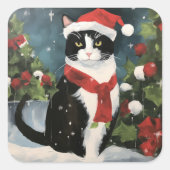 Sticker Carré Tuxedo Chat en Noël de neige (Devant)