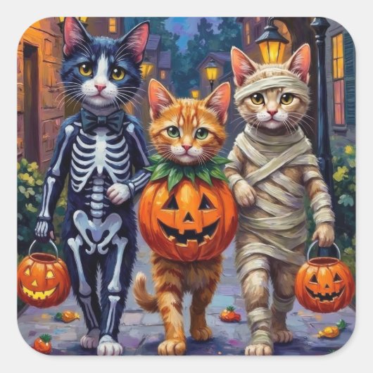 Sticker Carré Tuxedo Chats Trick-or-Treating in Halloween Costum (Devant)