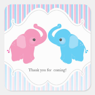 Sticker Carré Twin Boy & Girl Elephant Baby shower Favoriser Sti
