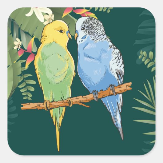 Sticker Carré Two cute bleu et green Budgies (Devant)