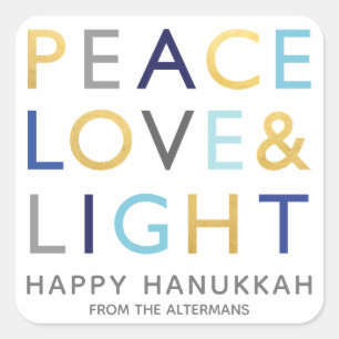 Sticker Carré Typographie Love & Light Hanukkah Fête Gold Blue
