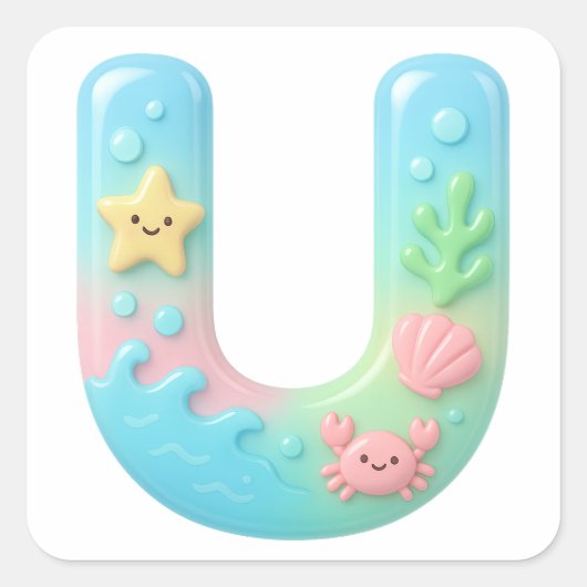 Sticker Carré "U" Cute Letter - Underwater Sea Creature (Devant)