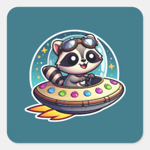 Sticker Carré UFO Cute Raccoon