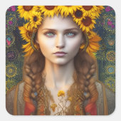 Sticker Carré Ukrainienne fille d'amulettes et de tournesols (Devant)