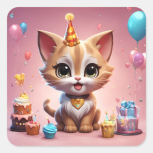 Sticker Carré Un adorable chaton qui fête son anniversaire