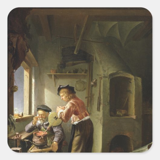 Sticker Carré Un alchimiste et son assistant dans leur atelier (Devant)