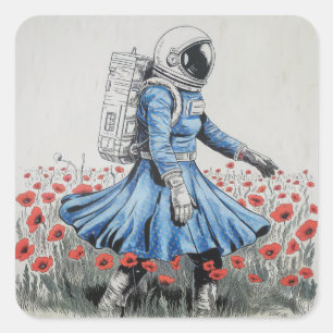 Sticker Carré un astronaute en robe bleue marchant dans des pavo