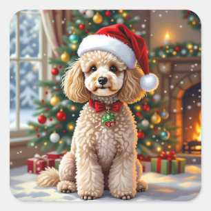 Sticker Carré Un caniche festif mignon de Noël  