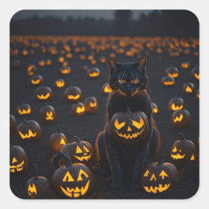 Sticker Carré Un chat d'Halloween avec un citrouille brillant