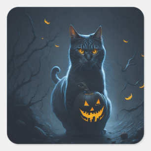 Sticker Carré Un chat d'Halloween avec une chacolantern