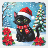 Sticker Carré Un chat festif noir avec un fond de Noël (Devant)